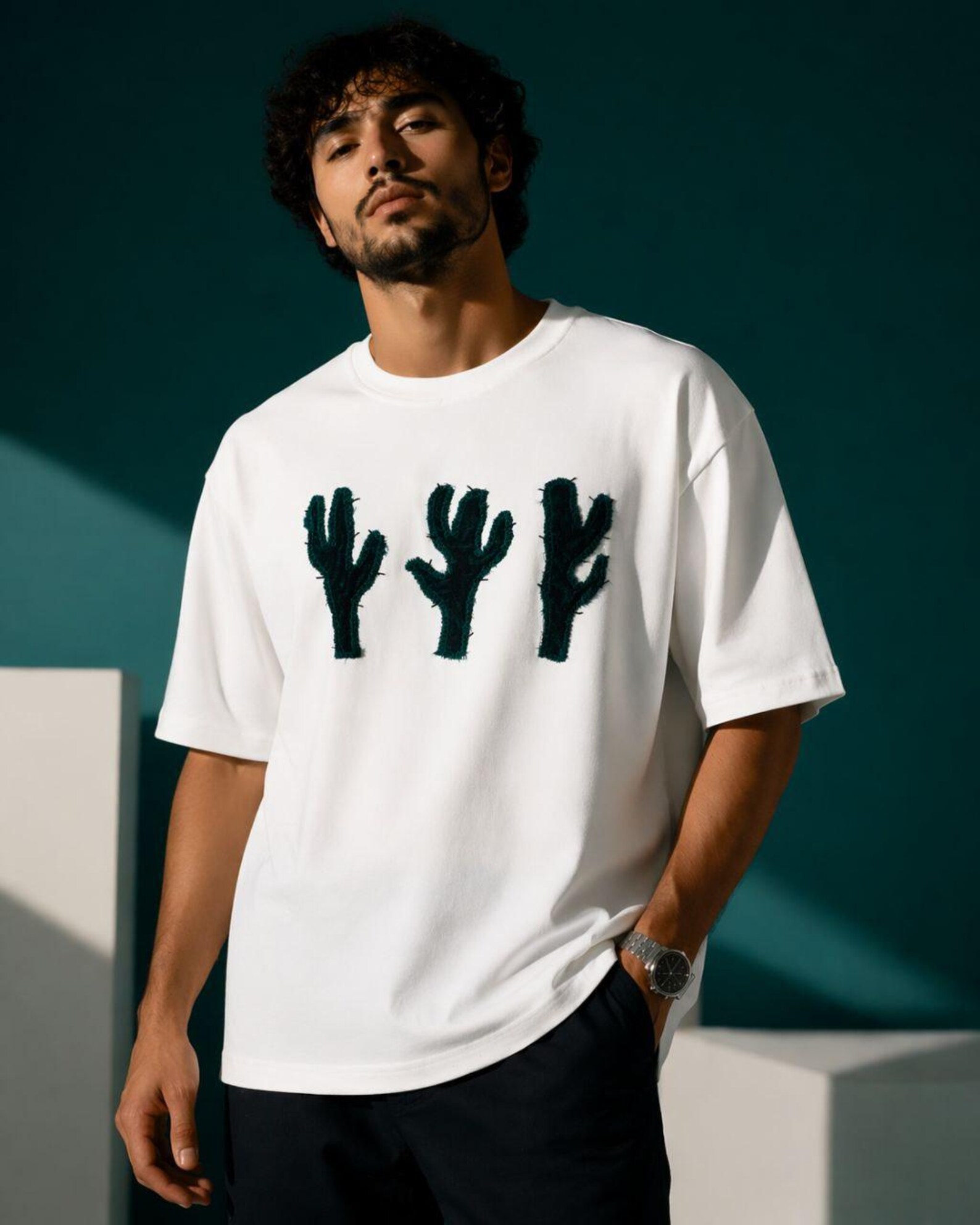 Handcrafted Hand Embroidered Cactus Oversized T-Shirt | unisex Streetwear | Minimal Nature Wear | Unisex Drop Shoulder Tee